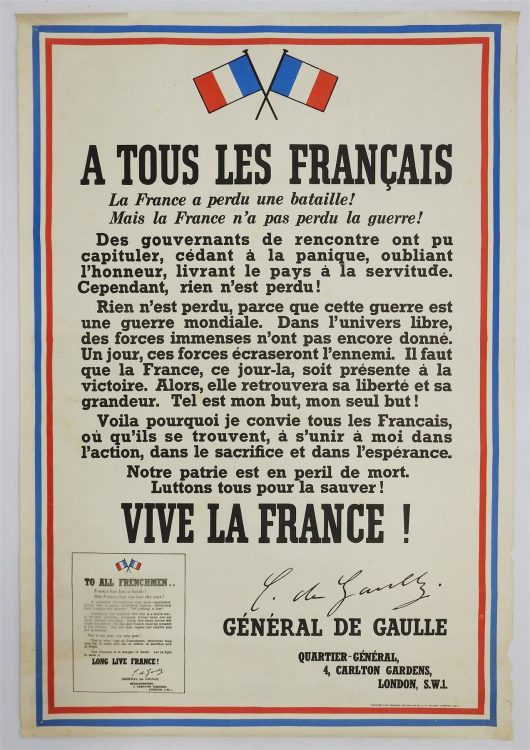 Affiche de l'appel du G&eacute;n&eacute;ral De Gaulle du 18 juin 1940
